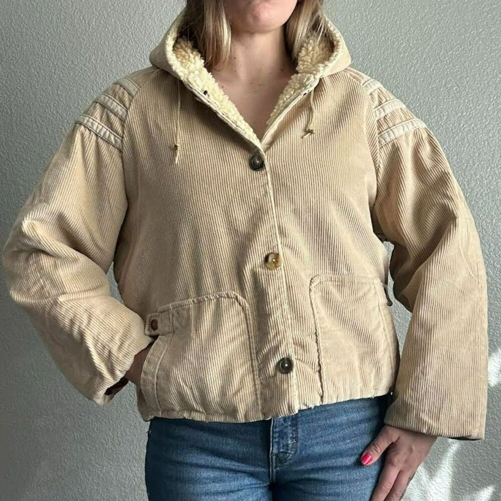 Vintage 70's JCP Sherpa Lined Corduroy Thick Winter Coat Cream Women's Sz Medium